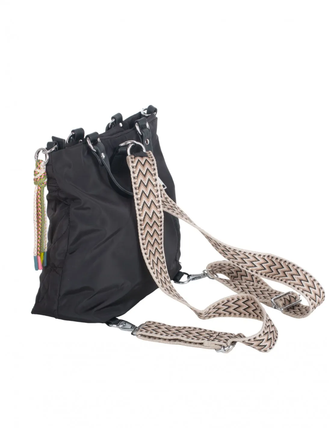 Bolso Mochila Bandolera Estampada Negro