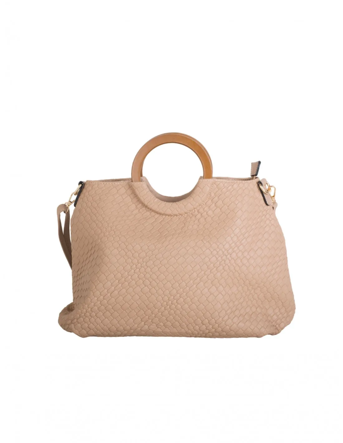 Bolso Shopper Trenzado Asas Madera Camel
