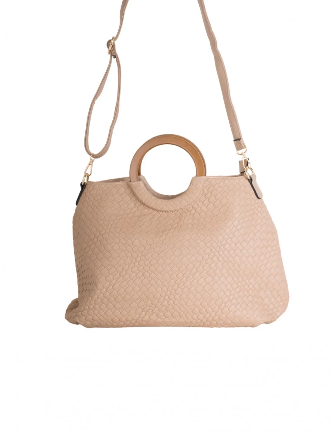Bolso Shopper Trenzado Asas Madera Camel