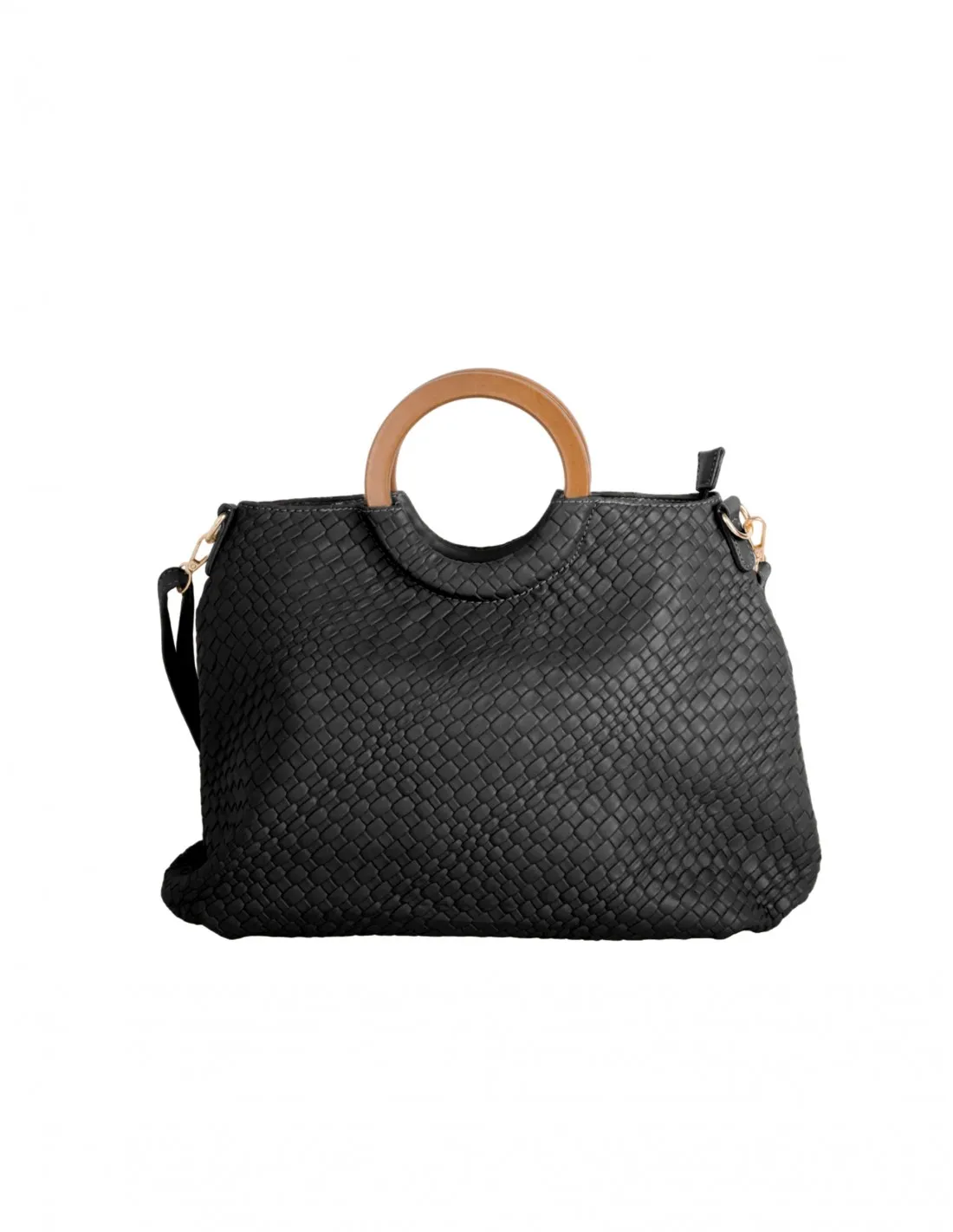 Bolso Shopper Trenzado Asas Madera Negro
