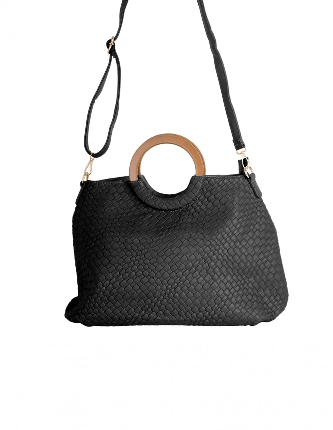 Bolso Shopper Trenzado Asas Madera Negro