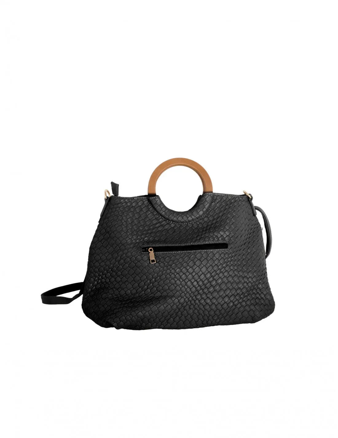 Bolso Shopper Trenzado Asas Madera Negro