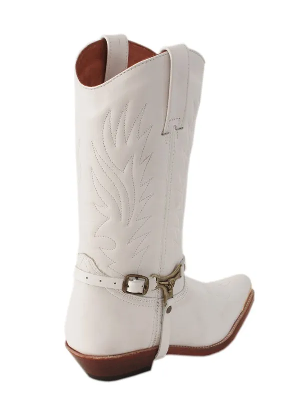 Bota cowboy blanca piel  puntera de metal
