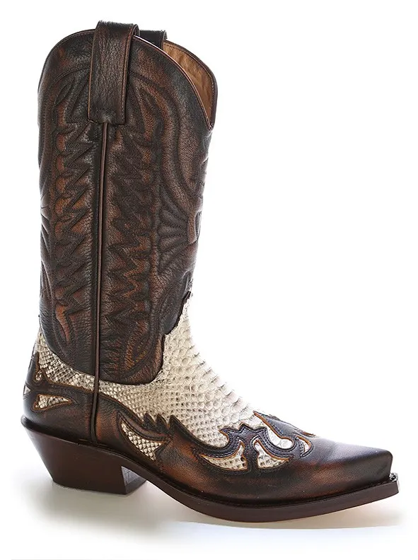Bota cowboy piel marron y piton natural

