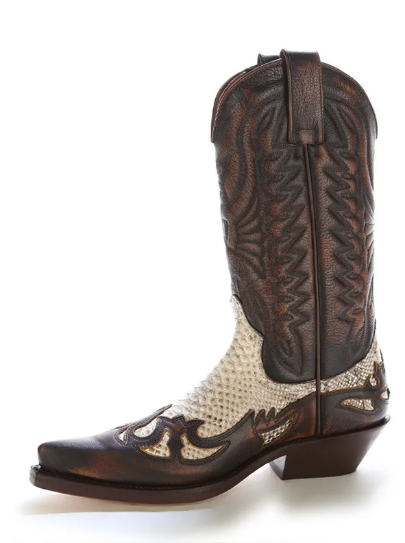 Bota cowboy piel marron y piton natural
