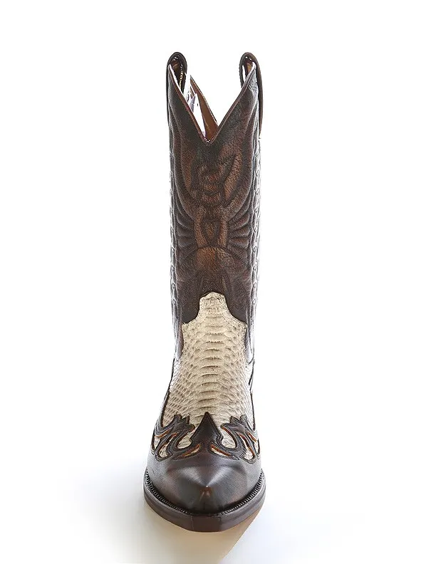 Bota cowboy piel marron y piton natural
