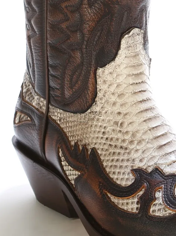Bota cowboy piel marron y piton natural
