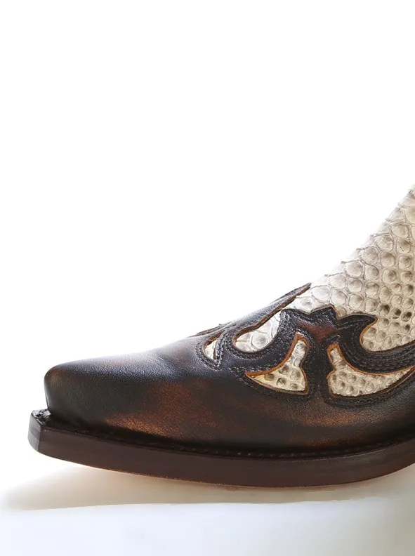 Bota cowboy piel marron y piton natural

