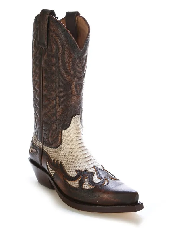Bota cowboy piel marron y piton natural
