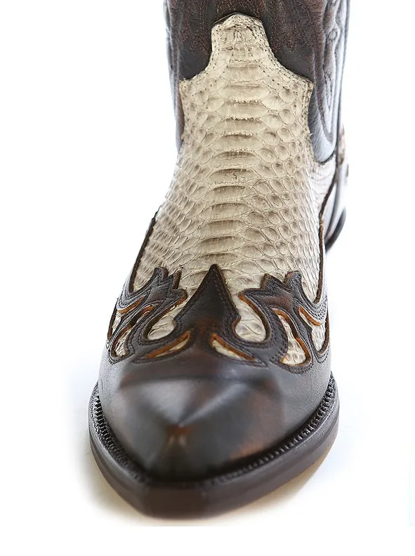 Bota cowboy piel marron y piton natural
