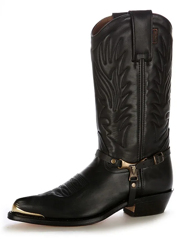 Bota cowboy piel negra con arnés
