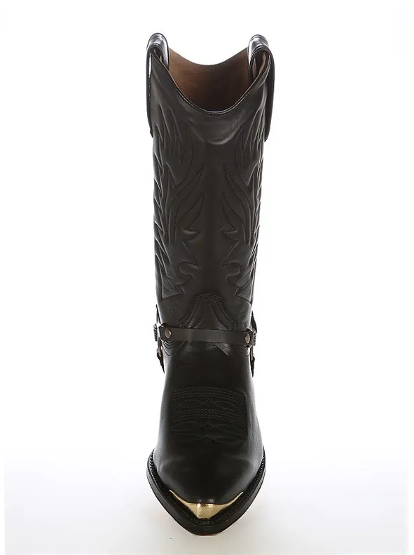 Bota cowboy piel negra con arnés
