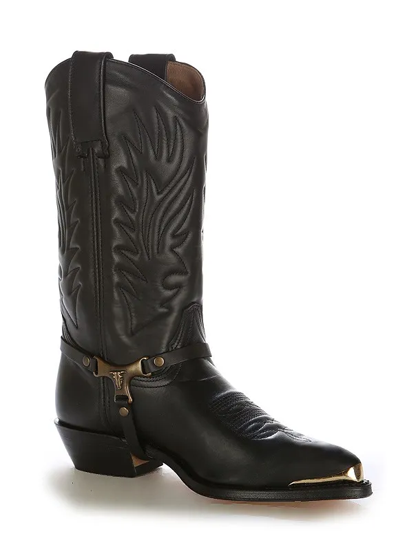Bota cowboy piel negra con arnés
