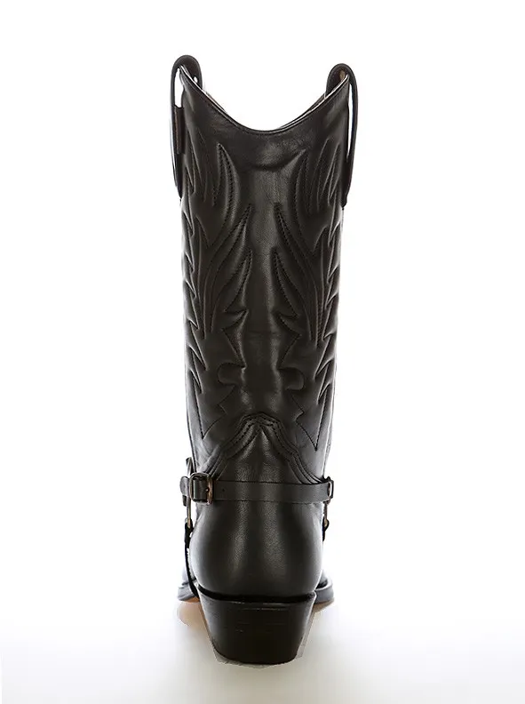 Bota cowboy piel negra con arnés
