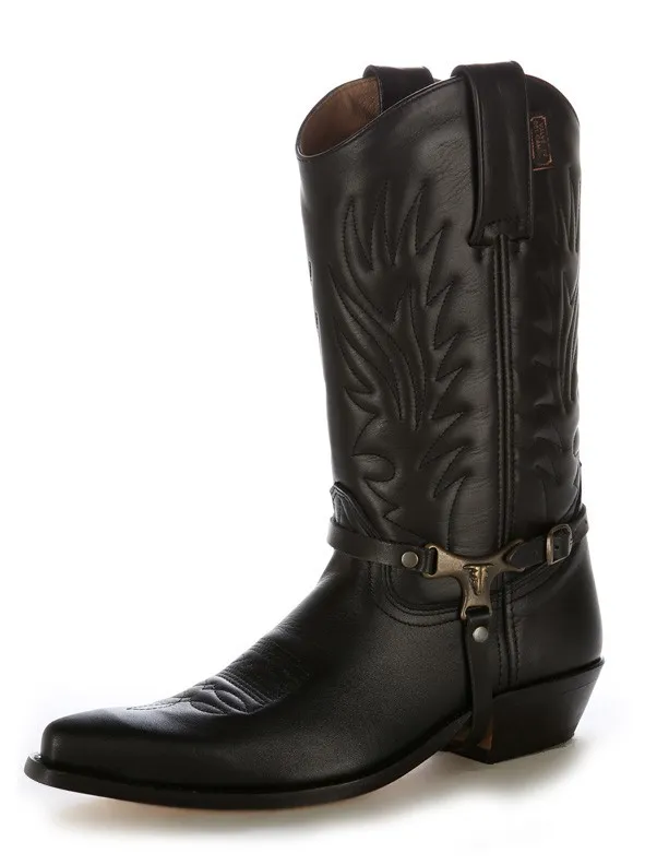 Bota cowboy piel negra con bridas
