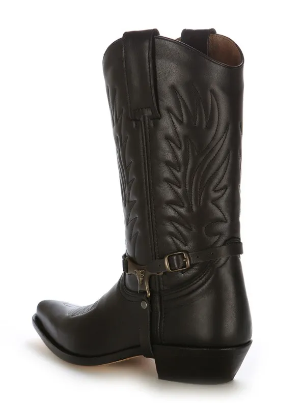 Bota cowboy piel negra con bridas
