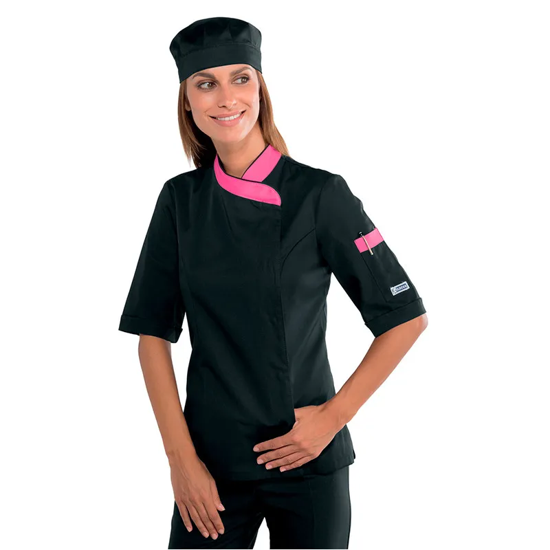 CHAQUETA DE COCINERA LADY SNAPS NEGRA Y FUCSIA  OFERTA