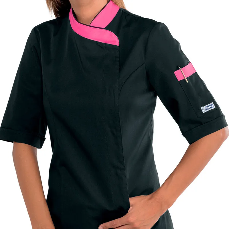 CHAQUETA DE COCINERA LADY SNAPS NEGRA Y FUCSIA  OFERTA