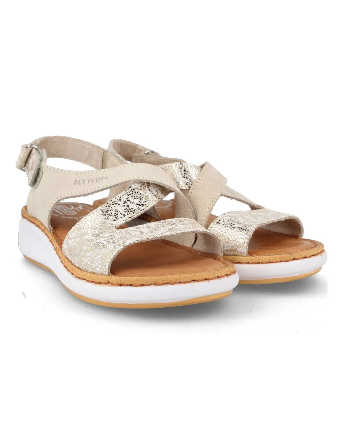 FLY FLOT  SANDALIA MUJER TIRAS CRUZADAS BEIGE METALIZADO