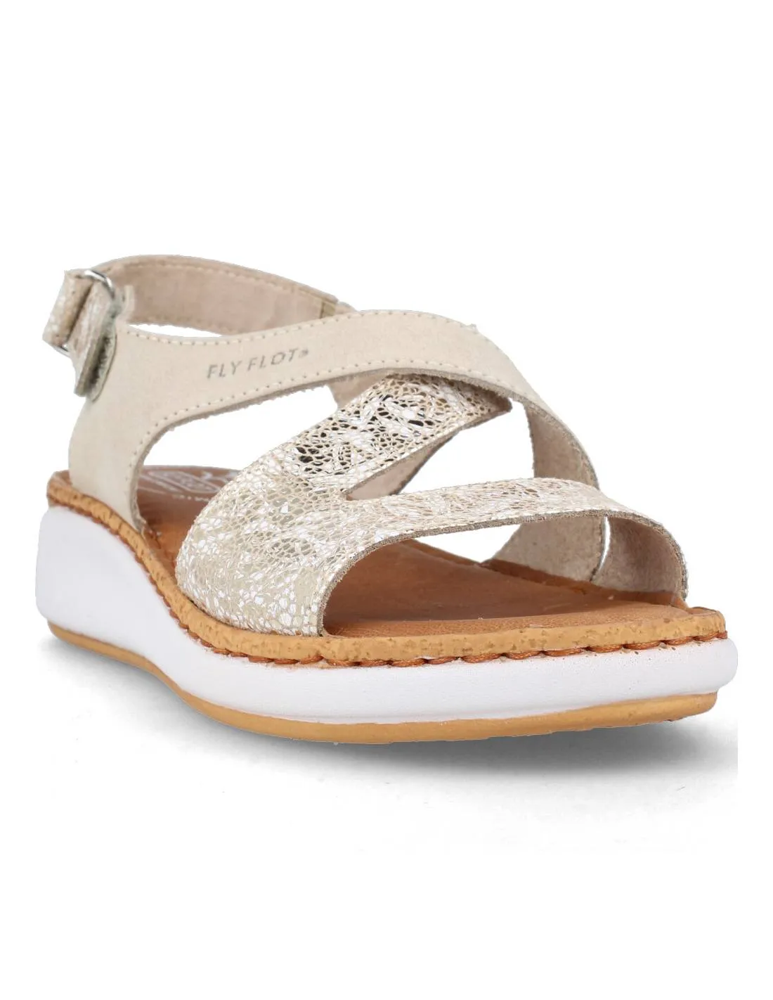 FLY FLOT  SANDALIA MUJER TIRAS CRUZADAS BEIGE METALIZADO