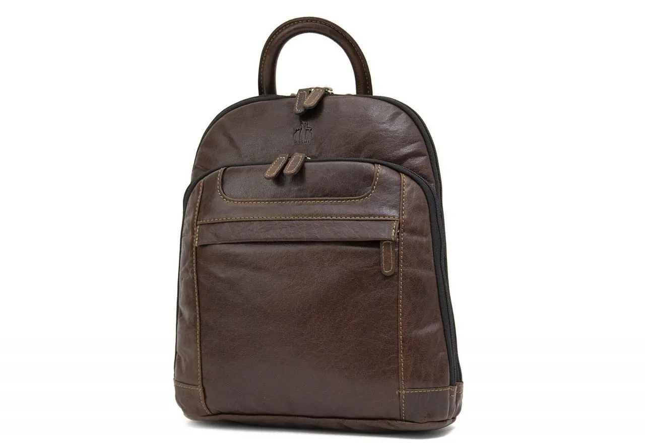 Mochila Mediana Piel Marron Dos Cremalleras Bolsillo Delantero