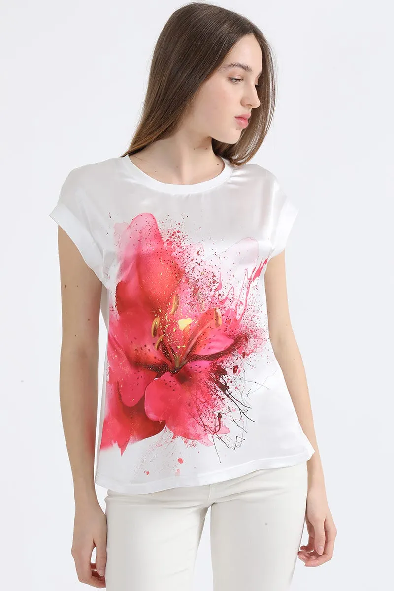 POLERA CON SATIN ESTAMPADO FLOR FUCSIA, CRUDO
