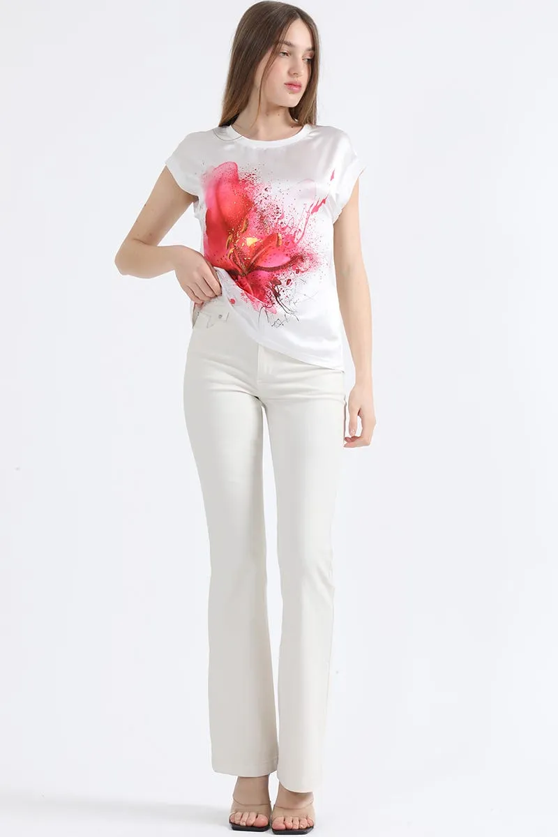 POLERA CON SATIN ESTAMPADO FLOR FUCSIA, CRUDO