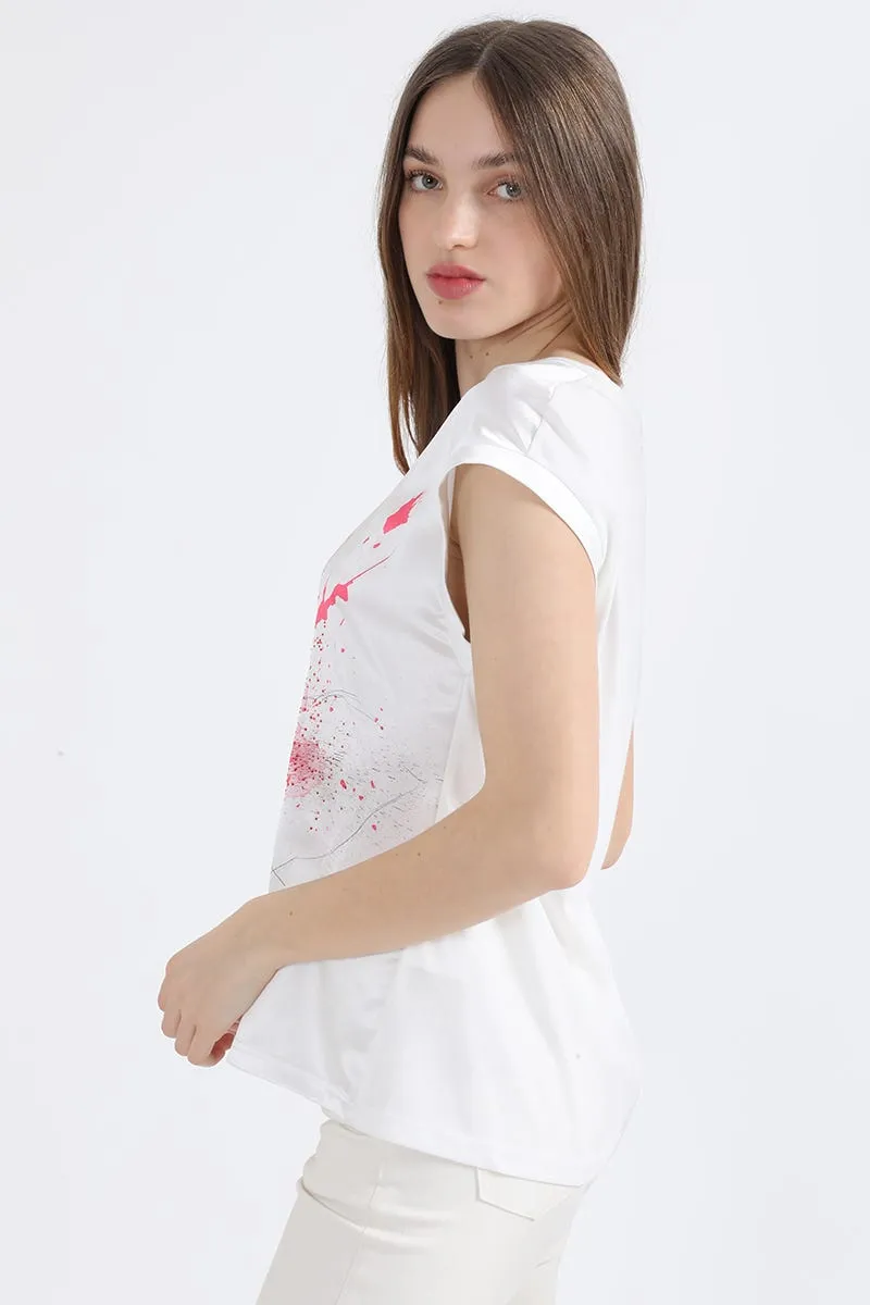 POLERA CON SATIN ESTAMPADO FLOR FUCSIA, CRUDO