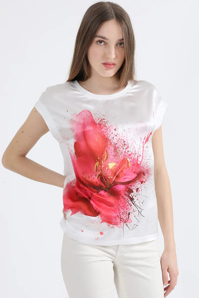 POLERA CON SATIN ESTAMPADO FLOR FUCSIA, CRUDO