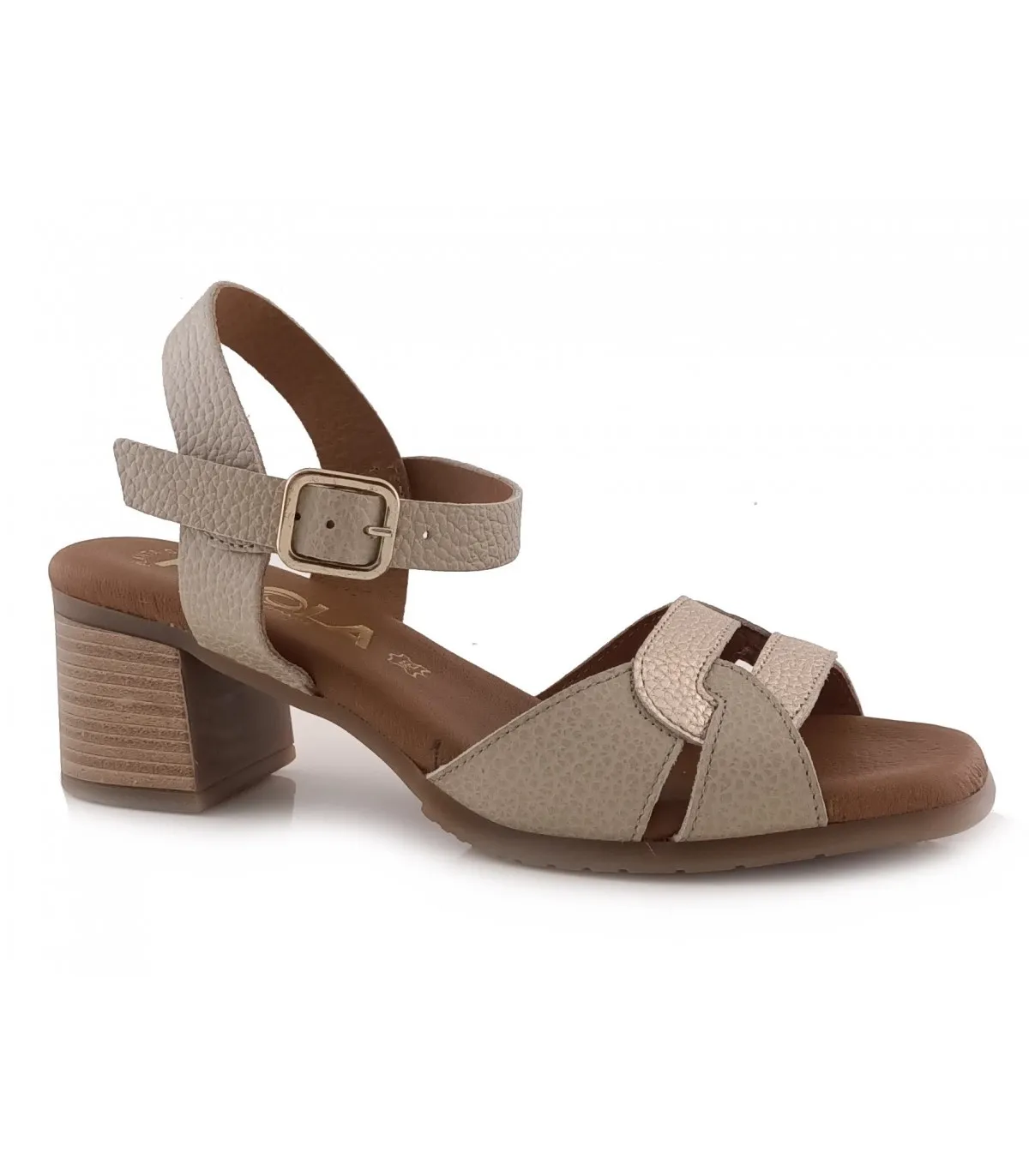 Sandalia de tacón medio beige y dorado